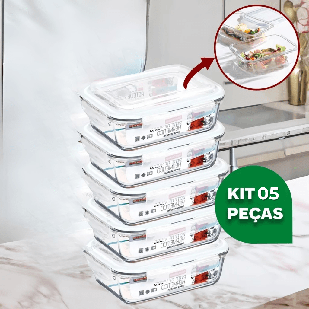 Kit Potes de Vidro Hermético Retangular 5 ou 10 Unidades - Lavin
